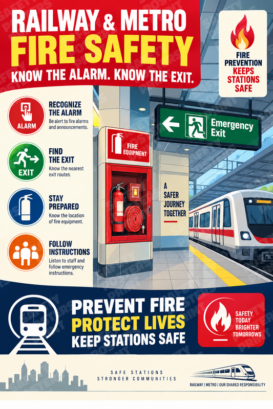 RAIL-41: Railway and Metro Fire Safety - Recognize Alarm Find Exit. English portrait safety poster.