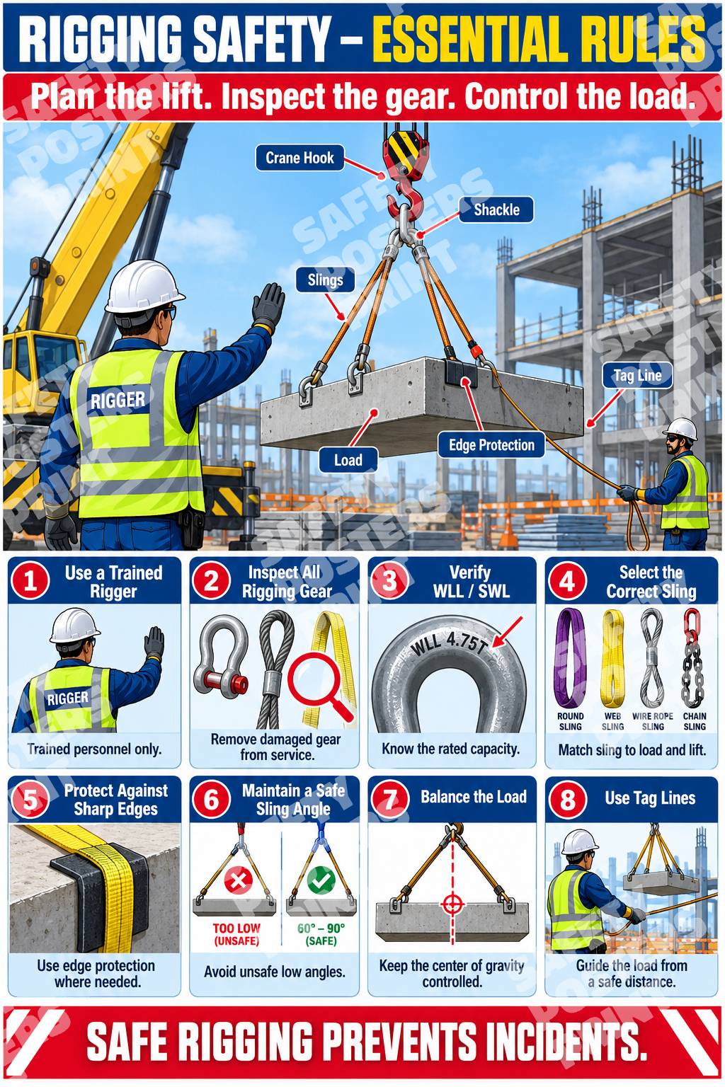 RIG-1 Rigging Safety Essential Rules poster showing labelled crane rigging and reminders about gear, capacity, edge protection and load balance.