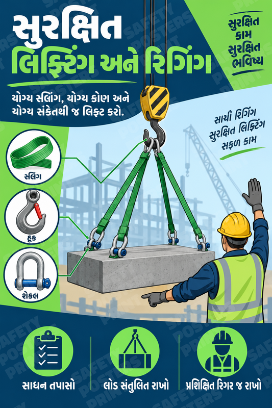 RIG-17: Safe Lifting and Rigging - Equipment and Load Control. Gujarati vertical workplace safety poster.