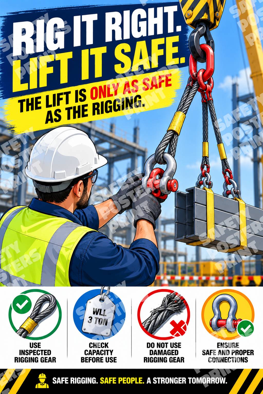 RIG-2 Rig It Right Lift It Safe poster showing a worker inspecting lifting slings with gear, capacity and connection reminders.