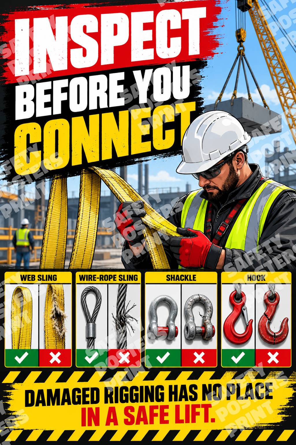 RIG-7 Inspect Before You Connect poster showing lifting-gear inspection and reminders to check slings, hooks, shackles and identification before rigging.