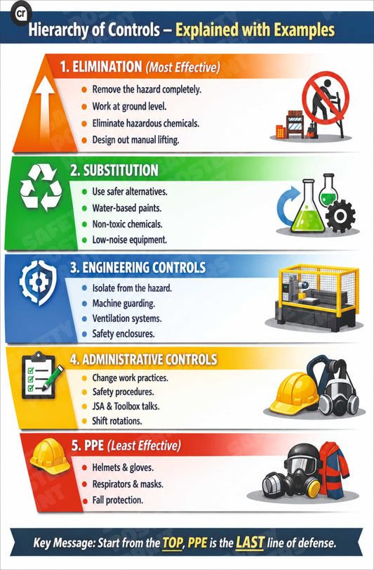 RSA-26: Hierarchy of Controls Explained with Examples. English vertical workplace safety poster.