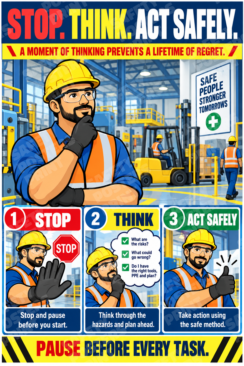 SCP-35 Stop, Think, Act Safely - Pause Before Every Task. Workplace safety poster.