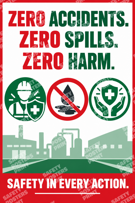 SCP-5 Zero Accidents, Zero Spills, Zero Harm. Workplace poster about a combined safety, spill-prevention and zero-harm message.