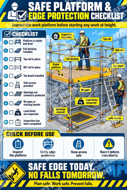 SFL-1 Safe Platform and Edge Protection Checklist: stable platforms, full decking, top and mid rails, toe boards. Portrait English-language artwork.
