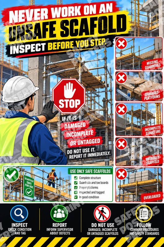 SFL-10 Never Work on an Unsafe Scaffold poster showing an incomplete scaffold and warnings about missing protection and unsafe access.