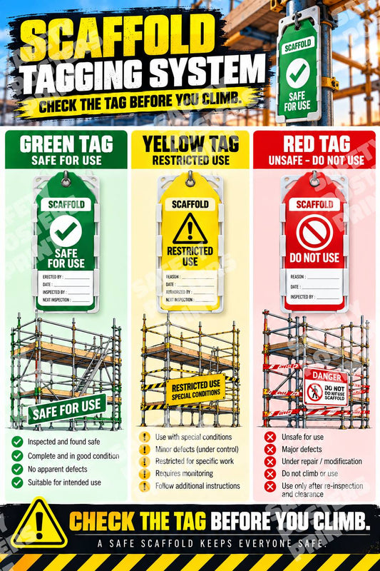 SFL-11 Scaffold Tagging System poster showing green, yellow and red tag examples with corresponding scaffold use-status illustrations.