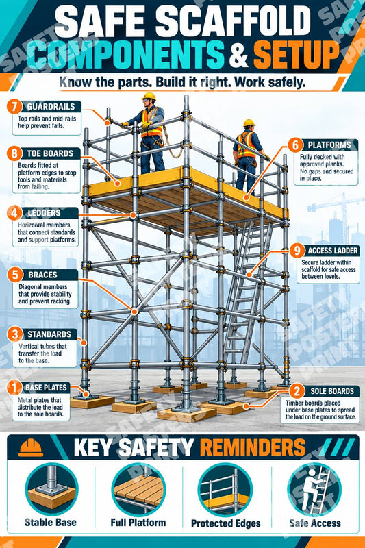 SFL-13 Safe Scaffold poster with nine numbered component labels for base plates, sole boards, standards, ledgers, braces, platforms, rails, toe boards and access.