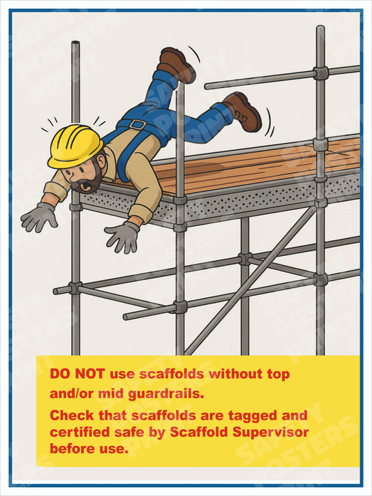 SFL-14 Scaffold Guardrail Safety - Use Top and Mid Rails. Workplace safety poster.