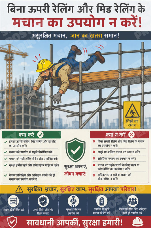 SFL-15 Scaffold Safety - Use Upper and Mid Guardrails - Hindi Guide. Hindi workplace safety poster.