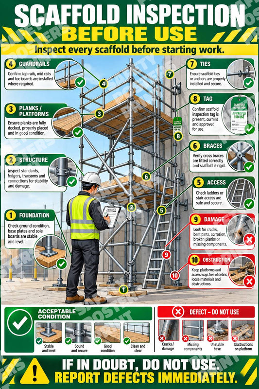 SFL-2 Scaffold Inspection Before Use poster with structural inspection points and examples of acceptable and defective scaffold parts.