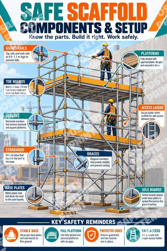SFL-3 Safe Scaffold Components and Setup poster with labelled guardrails, toe boards, platforms, braces, access ladder, base plates and sole boards.