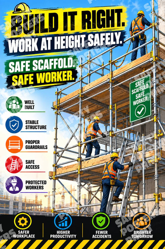 SFL-4 Build It Right Work at Height Safely poster showing workers on a scaffold with protected platforms and safe access.