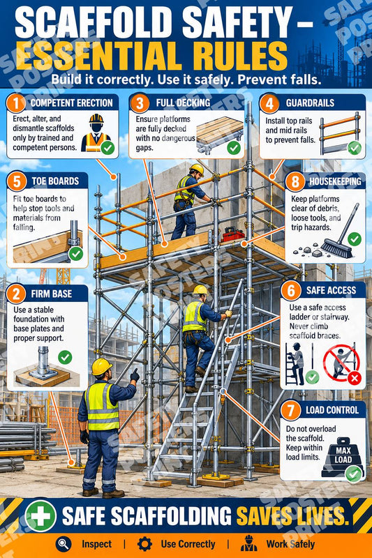 SFL-5 Scaffold Safety Essential Rules poster showing a protected scaffold and reminders about inspections, access, platforms, load limits and alterations.