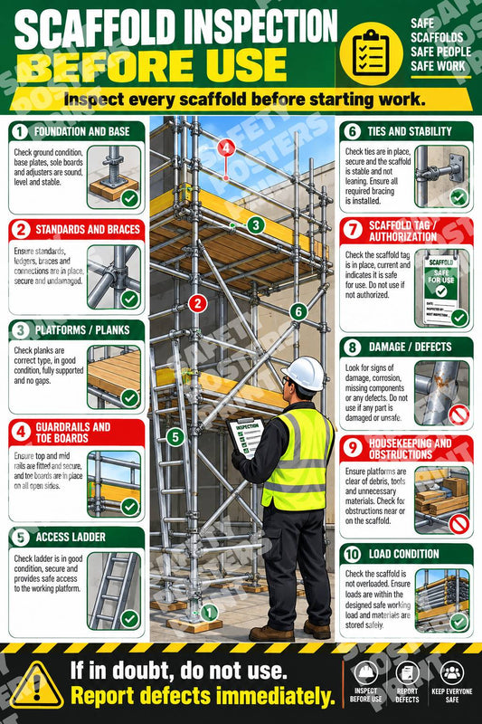 SFL-6 Scaffold Inspection Before Use poster with ten illustrated checks for scaffold structure, platforms, access, edge protection and inspection status.