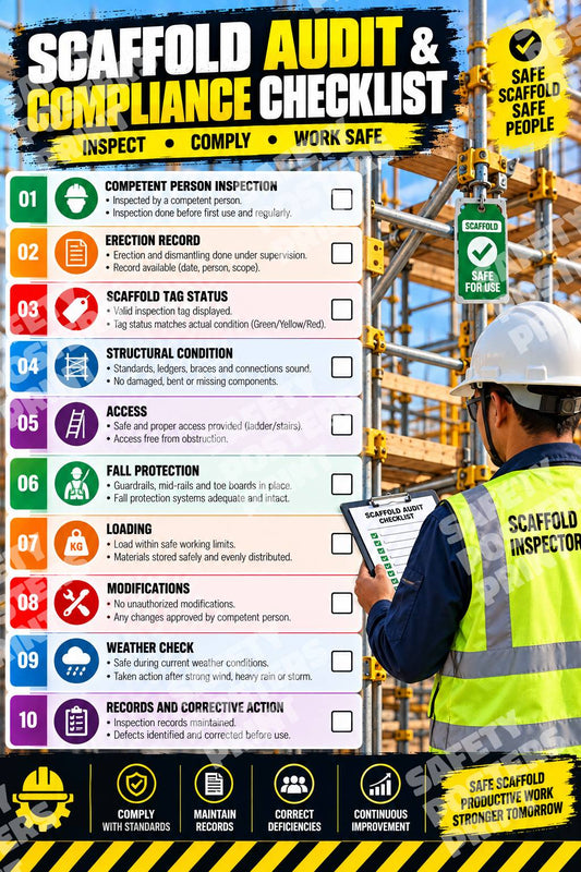 SFL-7 Scaffold Audit and Compliance Checklist poster showing a scaffold inspection with records, tagging, access, foundations and edge-protection prompts.