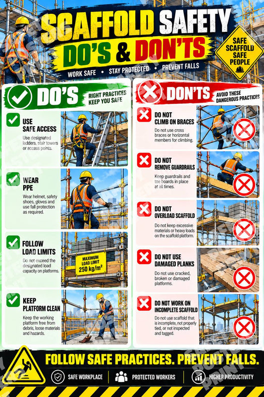 SFL-8 Scaffold Safety Do's and Don'ts poster comparing safe access, inspected platforms and edge protection with unsafe scaffold practices.