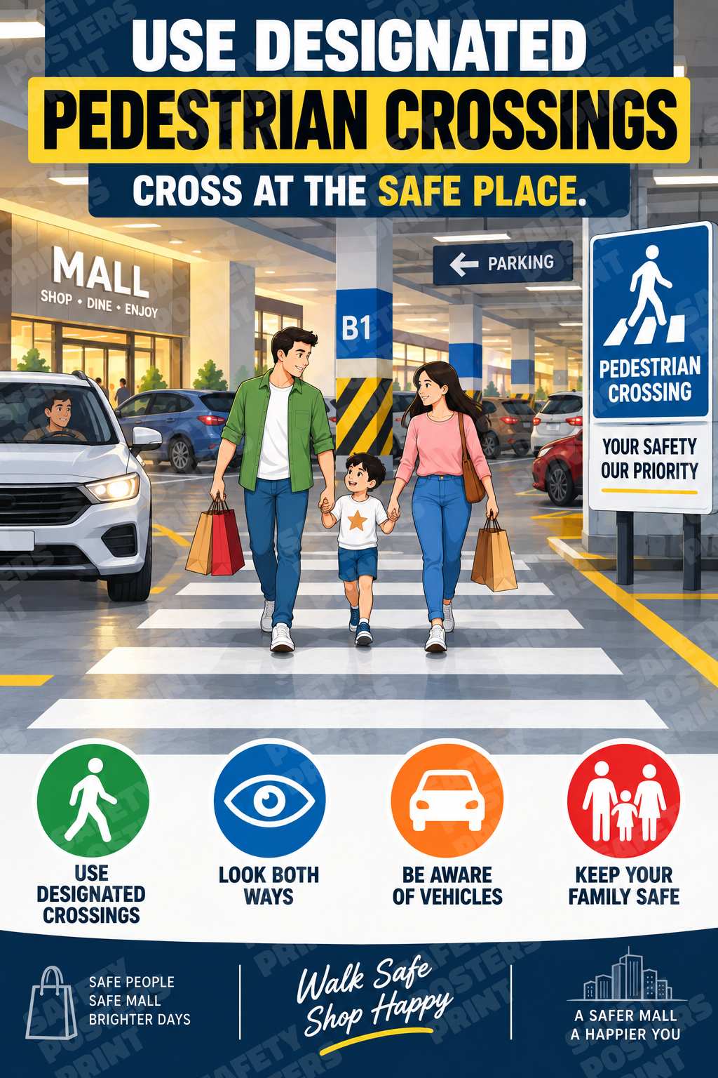 Use Designated Pedestrian Crossings - Mall Parking Safety