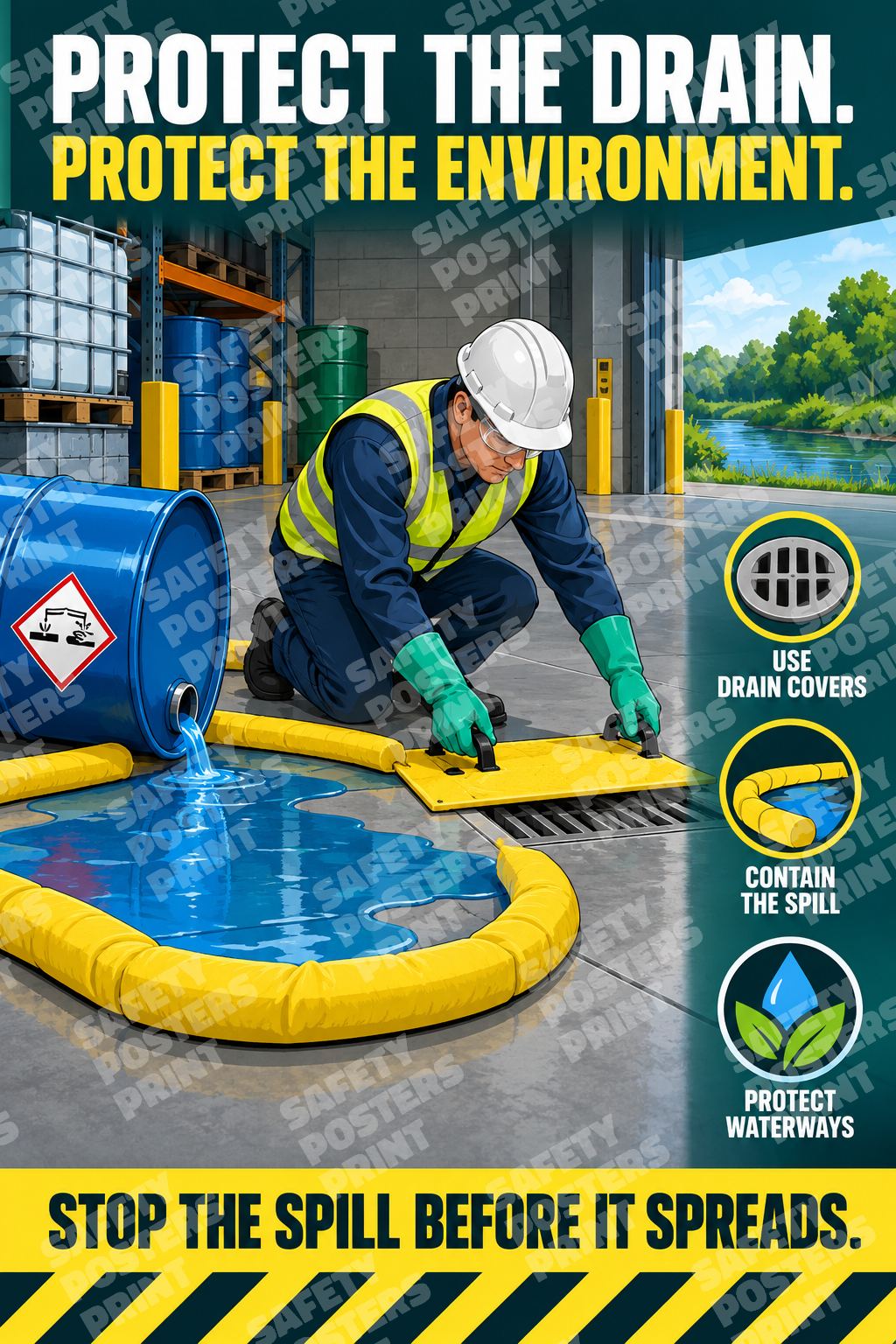 SPL-1 Protect the Drain, Protect the Environment. Poster showing a worker protecting a drain beside a liquid spill.