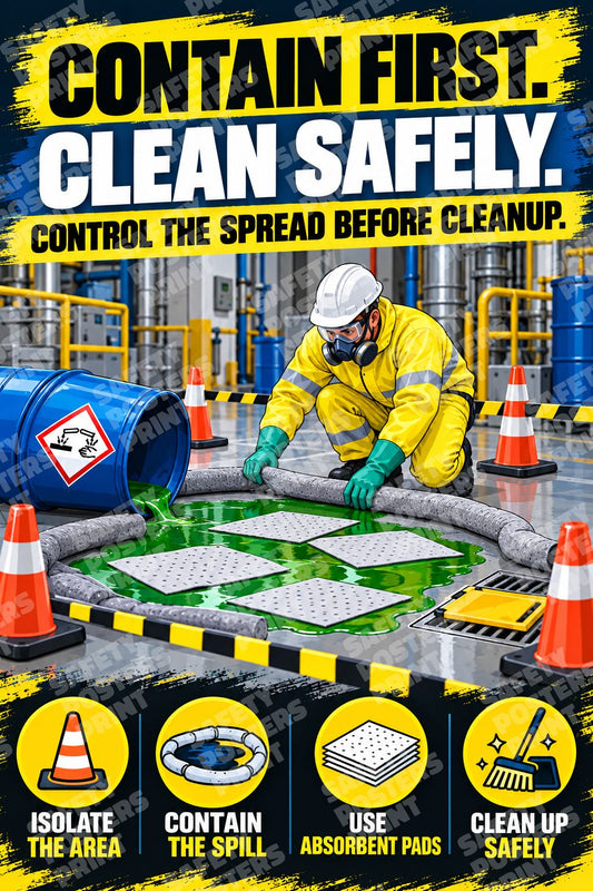 SPL-10 Contain First, Clean Safely. A protected worker surrounds a spill with absorbent booms and pads.