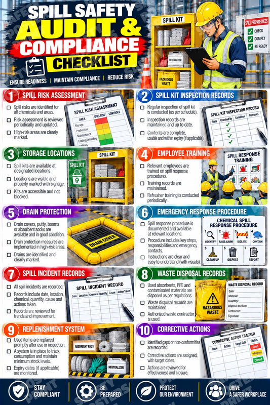 SPL-11 Spill Safety Audit and Compliance Checklist. Ten sections cover spill risks, equipment, training, waste records and corrective actions.