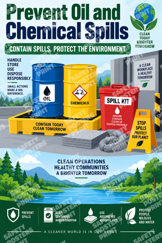 SPL-12 Prevent Oil and Chemical Spills - Contain Spills, Protect the Environment. Workplace poster about preventing, containing and responding to oil and chemical spills.