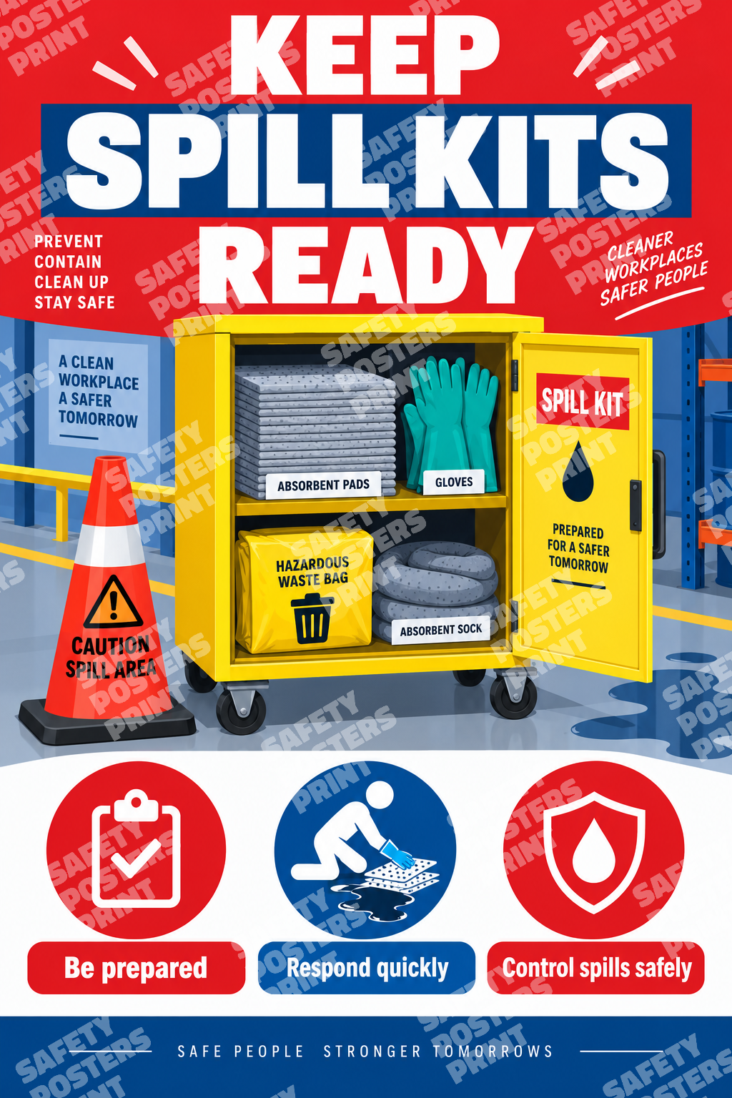 SPL-13 Keep Spill Kits Ready - Be Prepared, Respond Quickly. Workplace poster about spill-kit readiness and rapid, controlled spill response.