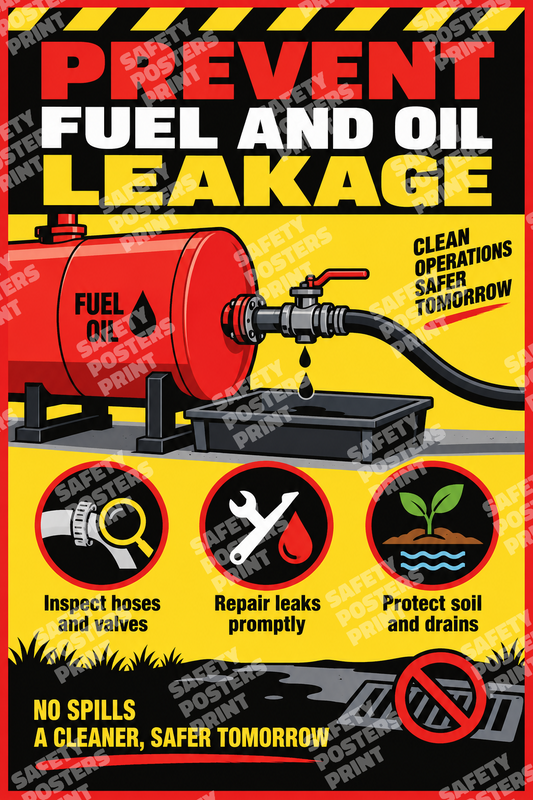 SPL-14 Prevent Fuel and Oil Leakage. Workplace poster about preventing fuel and oil leaks through inspection, maintenance and drain protection.