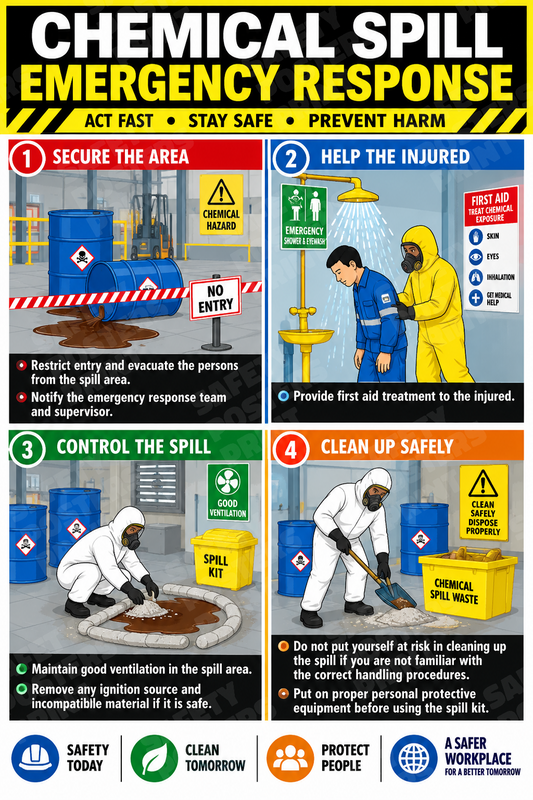 SPL-15: Chemical Spill Emergency Response - Four-Step Poster. English vertical workplace safety poster.