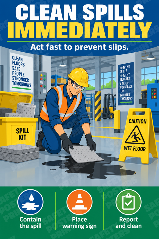 SPL-16: Clean Spills Immediately - Prevent Slips. English vertical workplace safety poster.