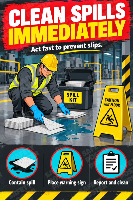 Clean Spills Immediately - English vertical safety poster - SPL-18