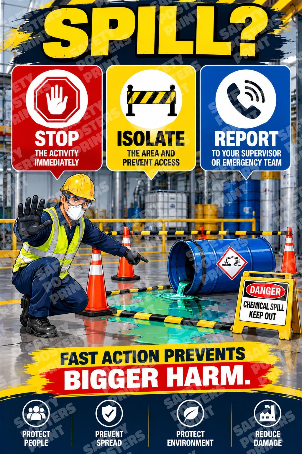 SPL-7 Spill? Stop, Isolate, Report. A responder signals stop beside a chemical spill with area-isolation and reporting reminders.