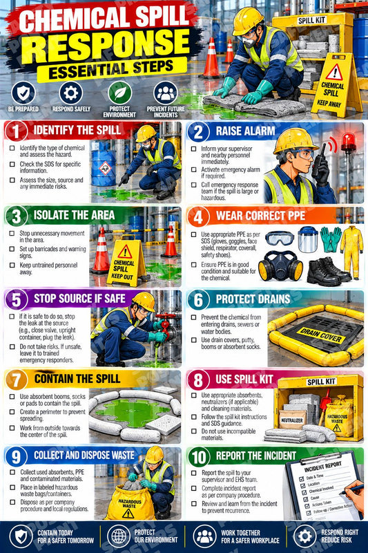 SPL-8 Chemical Spill Response Essential Steps. Ten illustrated panels on spill isolation, assessment, containment, cleanup and reporting.