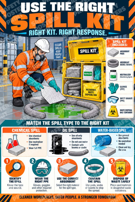 SPL-9 Use the Right Spill Kit. A worker selects absorbents with chemical, oil and water-based spill examples.