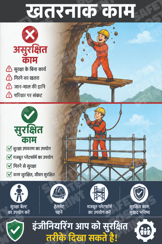 WAH-14 Unsafe Work vs Safe Work at Height - Use Guardrails and Fall Protection. Workplace safety poster.
