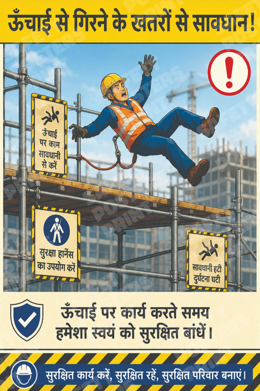 WAH-15 Beware of Fall Hazards - Tie Off When Working at Height. Workplace safety poster.