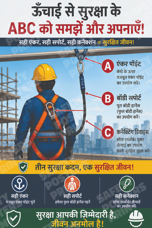 WAH-16 ABC of Fall Protection - Anchor, Body Support and Connector - Hindi Guide. Hindi workplace safety poster.