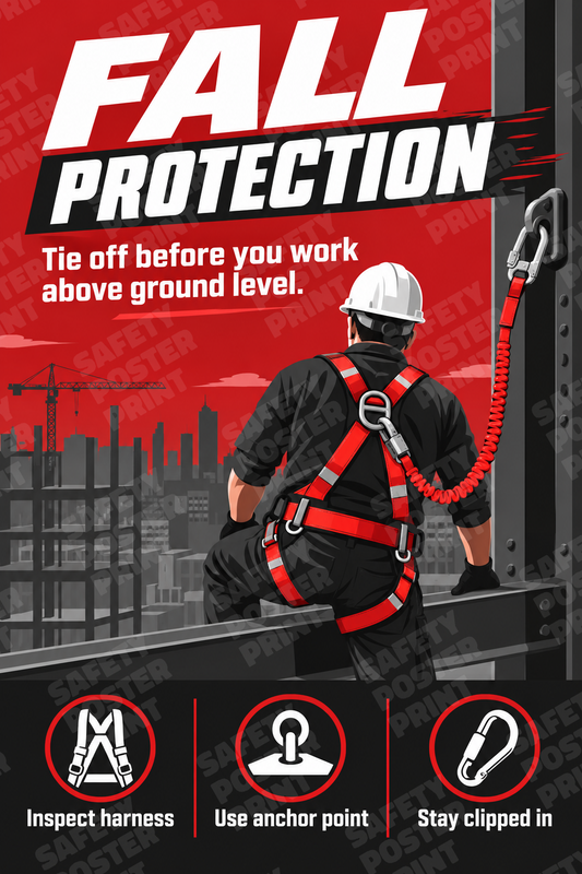 Fall Protection - Tie Off Before Working Above Ground - English vertical safety poster - WAH-26