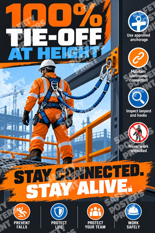 WAH-3 100 Percent Tie-Off at Height - Stay Connected: approved anchorage, continuous connection, lanyard and hook inspection, avoiding unprotected work at height. Portrait English-language artwork.