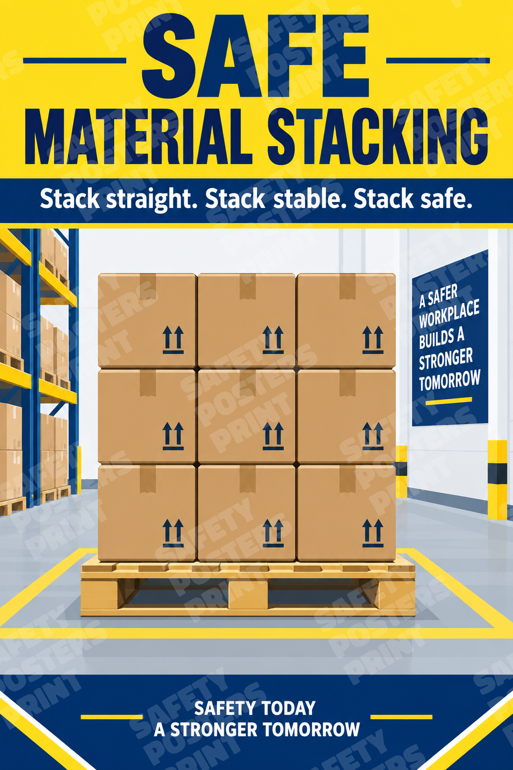 WH-12 Safe Material Stacking - Stack Straight, Stable and Safe. Workplace safety poster.