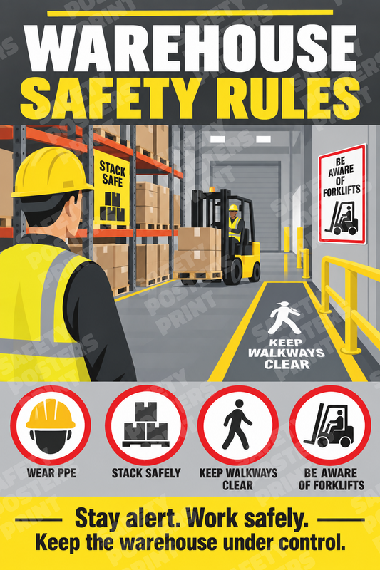 WH-14 Warehouse Safety Rules - Stay Alert, Work Safely. Workplace safety poster.