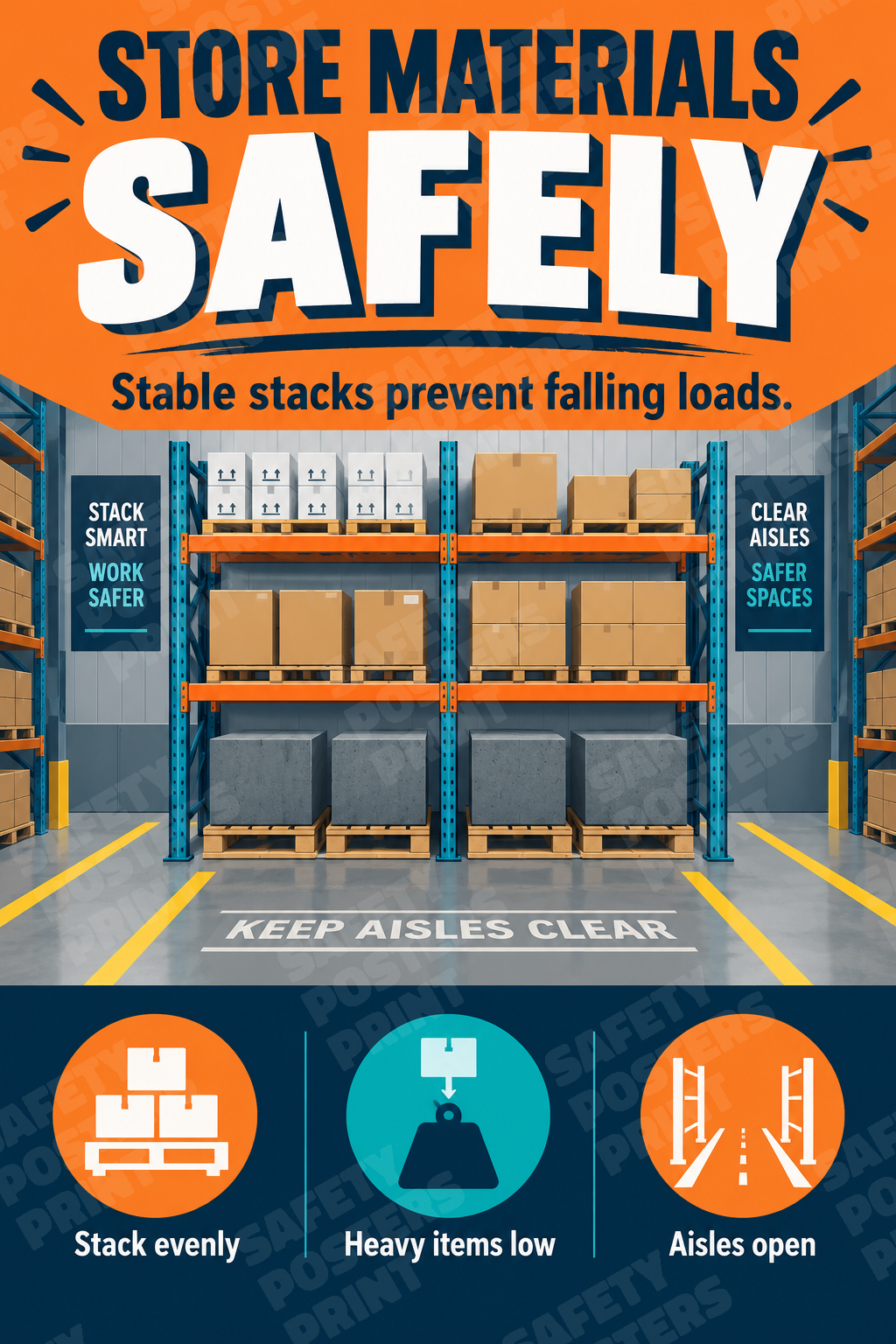 WH-23: Store Materials Safely - Stable Stacks and Clear Aisles. English vertical workplace safety poster.