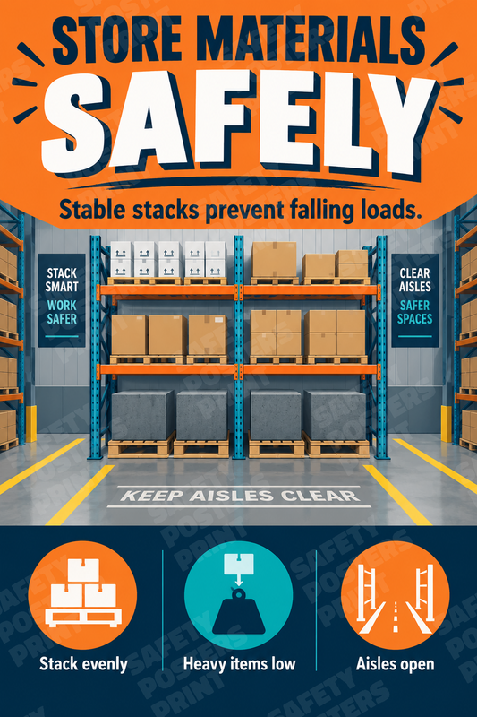 WH-23: Store Materials Safely - Stable Stacks and Clear Aisles. English vertical workplace safety poster.