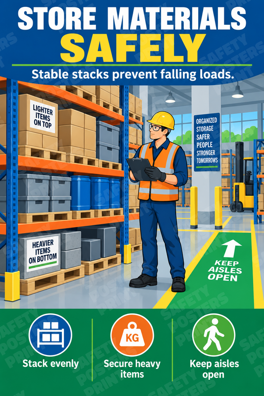 WH-24: Store Materials Safely - Organised Warehouse Storage. English vertical workplace safety poster.
