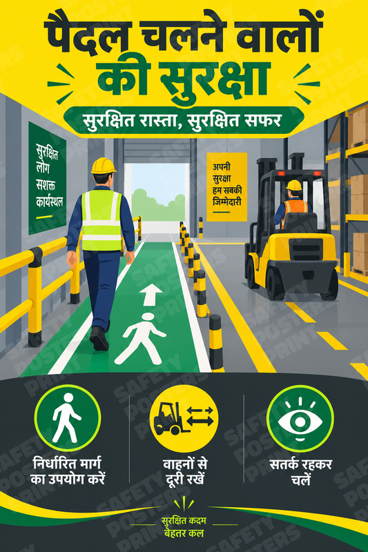WH-25: Pedestrian Safety - Use Designated Walkways. Hindi vertical workplace safety poster.