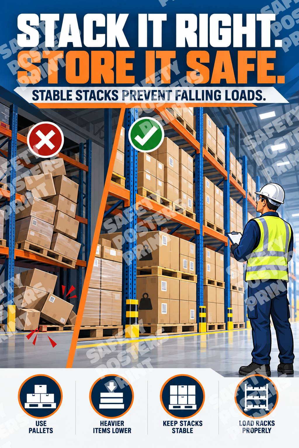 WH-6 Stack It Right Store It Safe poster comparing unstable warehouse storage with orderly, supported stacks and safe rack loading.