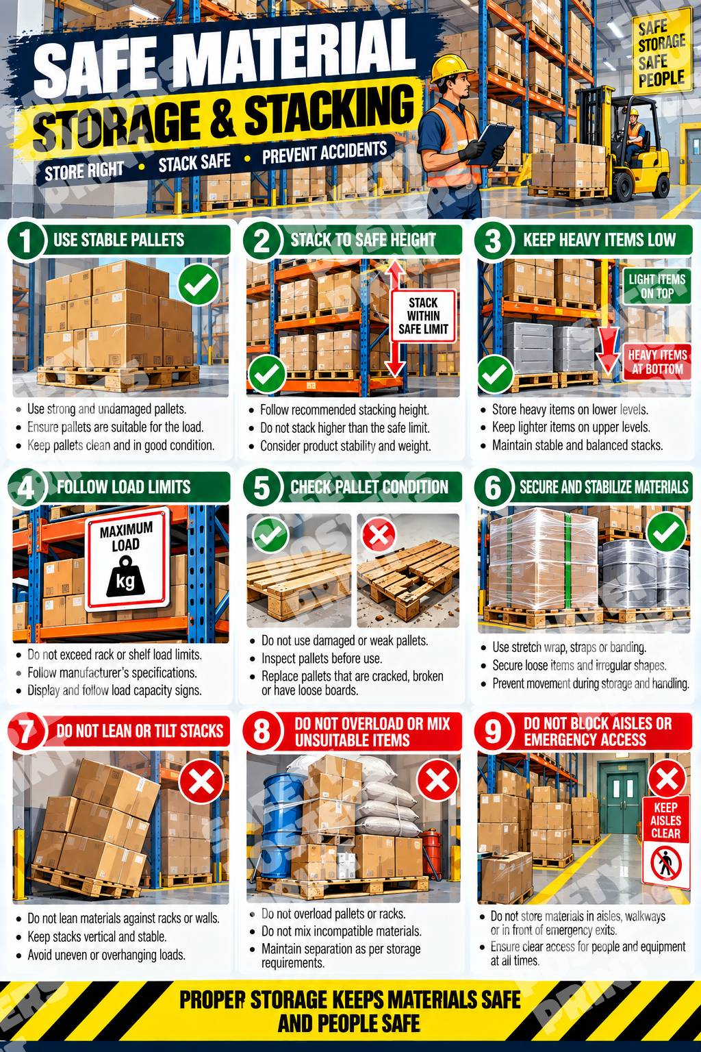 WH-8 Safe Material Storage and Stacking poster with warehouse racks and nine panels covering stable pallets, stack heights, load limits and clear aisles.