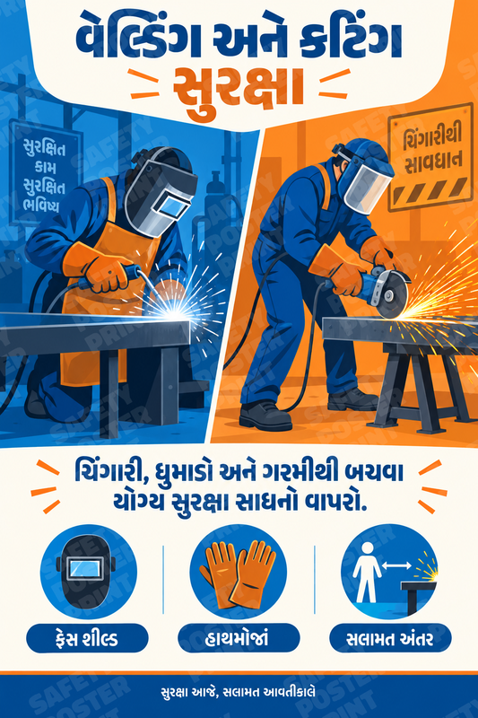 Welding and Cutting Safety - Gujarati vertical safety poster - WHT-14