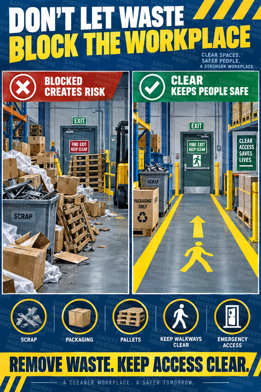 Don't Let Waste Block the Workplace - Remove Waste, Keep Access Clear safety poster