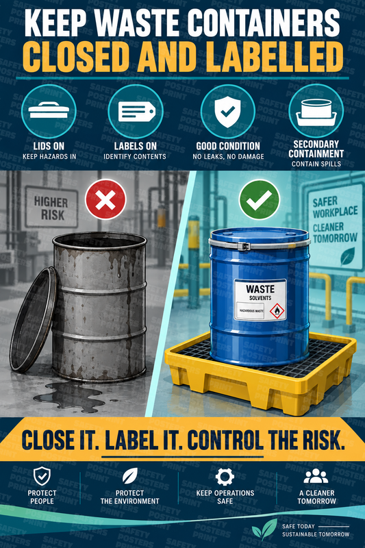 Keep Waste Containers Closed and Labelled - Close It, Label It, Control the Risk safety poster